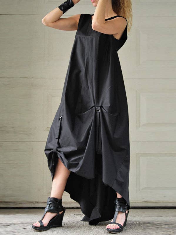 NEGRO Vestido Maxi Original con Pliegues, Asimétrico y Sin Espalda de venta al por mayor en Faire0