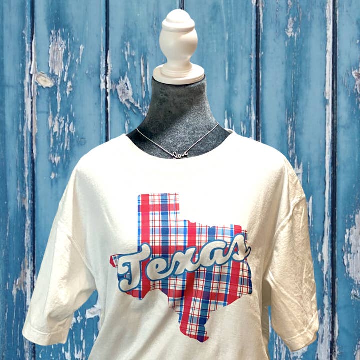 Red, White, and Blue Plaid State T-Shirt for wholesale by Maggie Mae's Trendy Tees