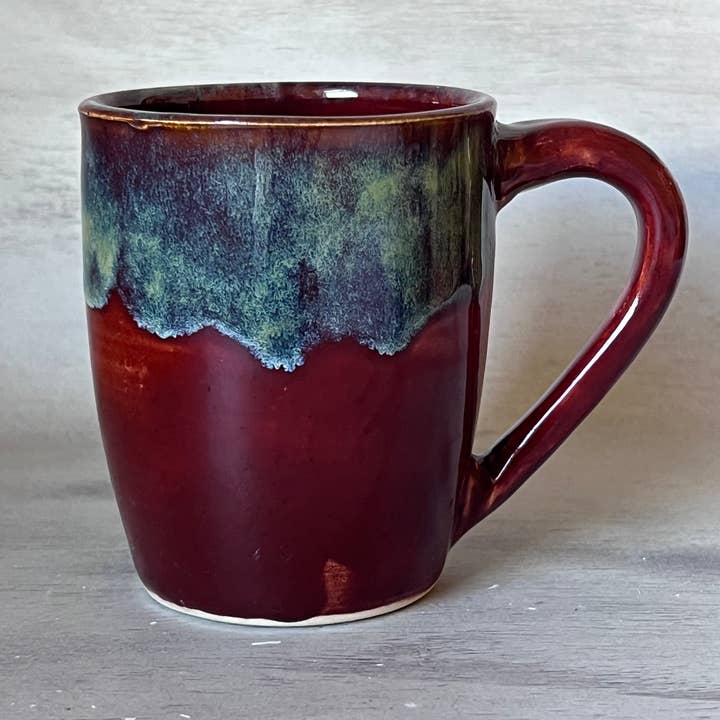Handcrafted Red and Blue Drip Mug for wholesale by JeLO Designs Pottery