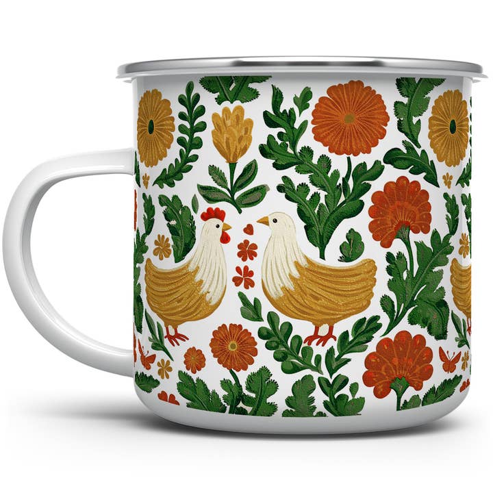 Floral Chicken Enamel Camp Mug, Country Farmhouse Gifts for wholesale by Loftipop