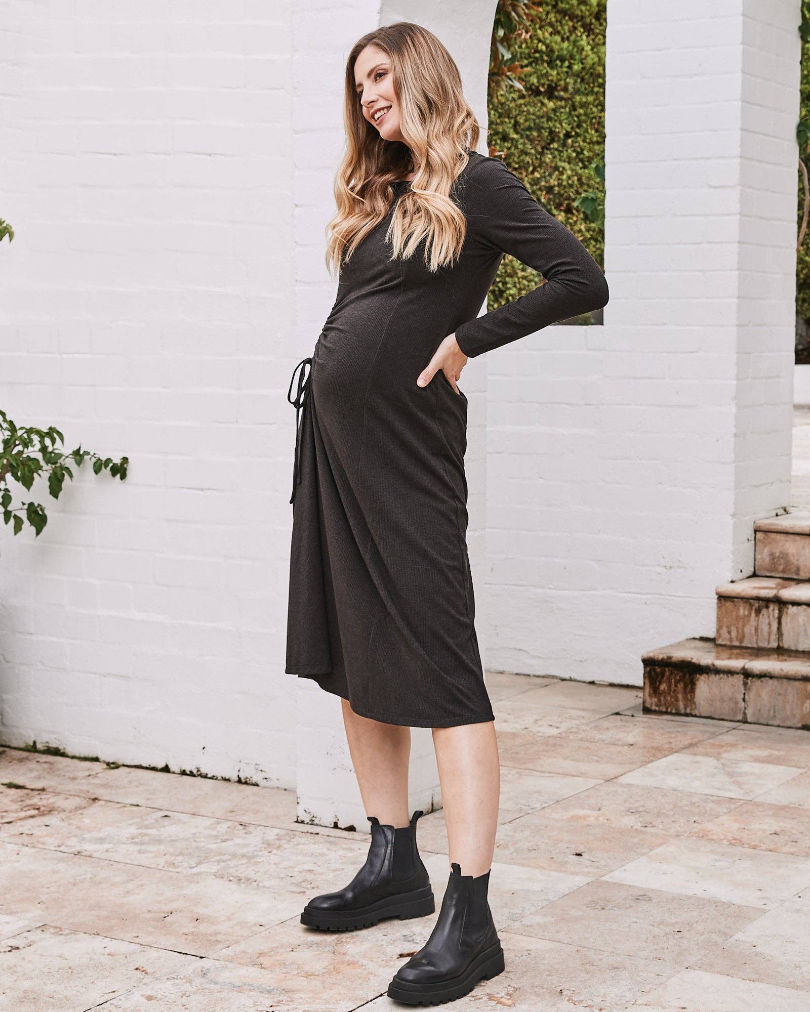 Angel Maternity - Wholesale Dress – Maternity - Eloise Maternity Waffle Knit Dress in Charcoal