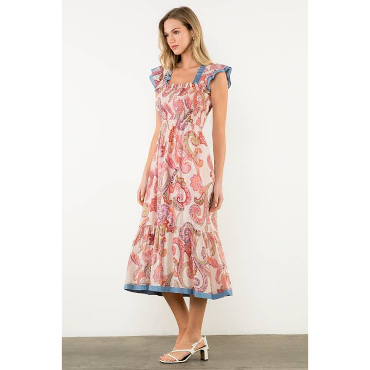 THML - Vendita all'ingrosso Vestito - Donna - Abito lungo con maniche a farfalla arricciate e stampa paisley