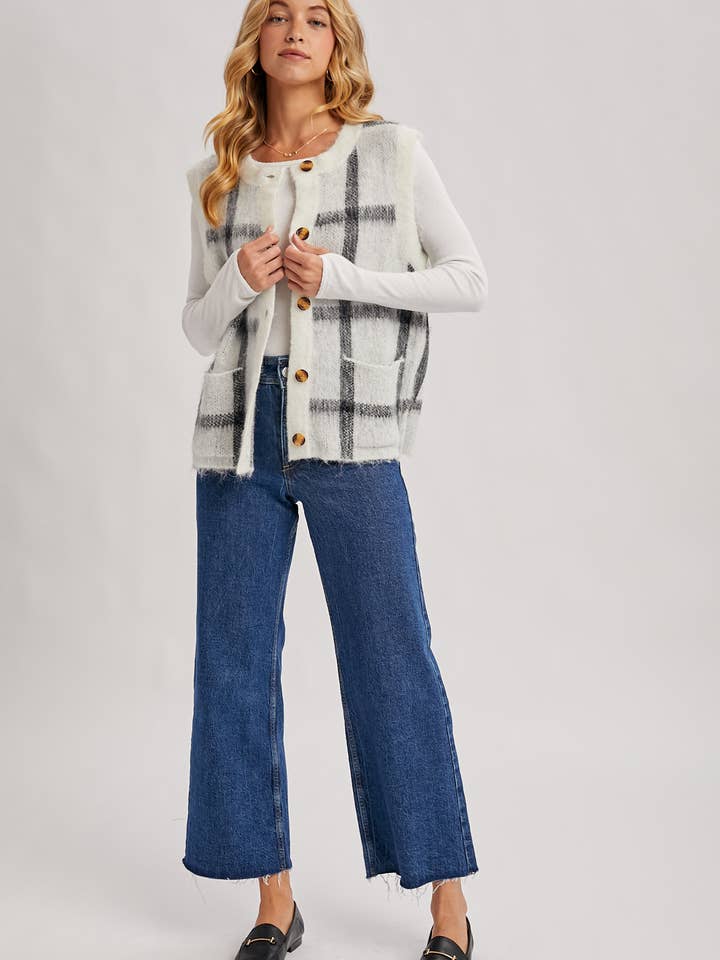Bluivy - Wholesale Sleeveless sweatshirts – Women′s - BUTTON DOWN PLAID FUZZY KNIT SWEATER VEST17