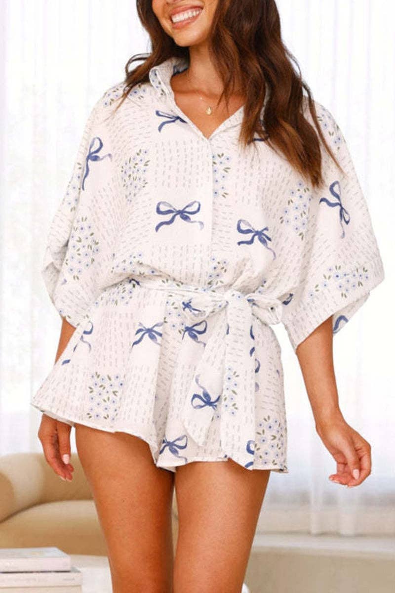 WHITE Printed Bow Romper for wholesale on Faire0