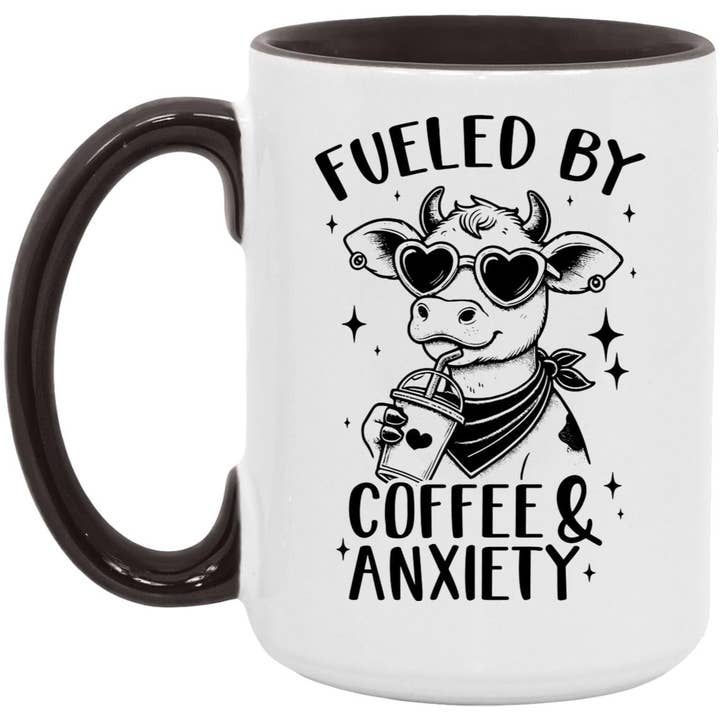 Fueled by Coffee and Anxiety Funny Cow Coffee Mug for wholesale by Mystic Blvd