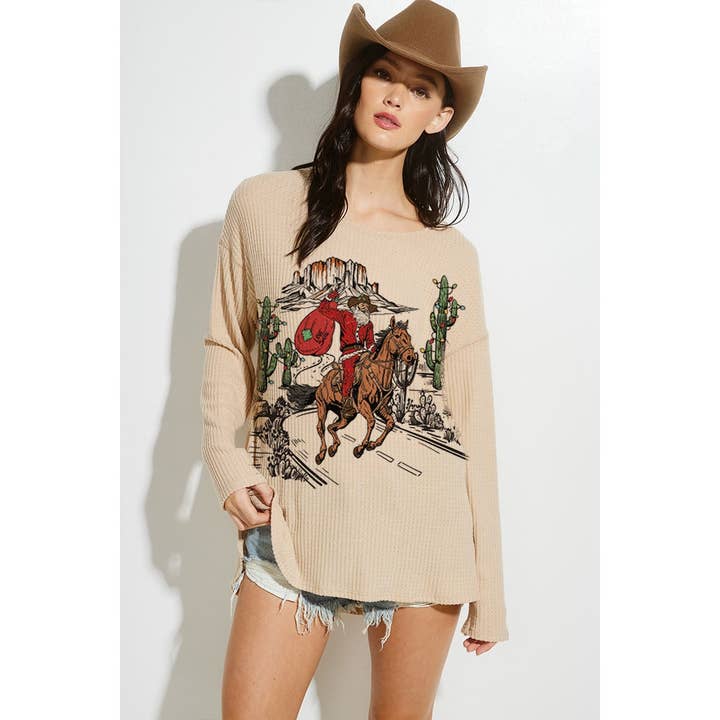 Christmas print thermal knit long sleeve top for wholesale by Phil Love