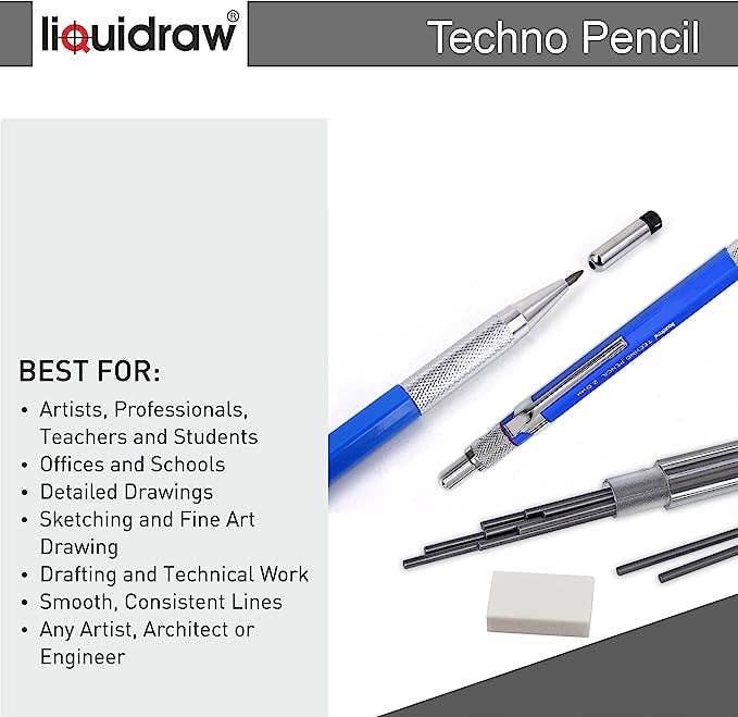 Liquidraw – wholesale Pencil – Liquidraw Mechanical Clutch Pencil 2mm With 8 x 2B Leads, Eraser & Integrated Sharpener For Architectural Technical Drawing Artists Architects Engineers Drafting Carpenters Sketching Writing2