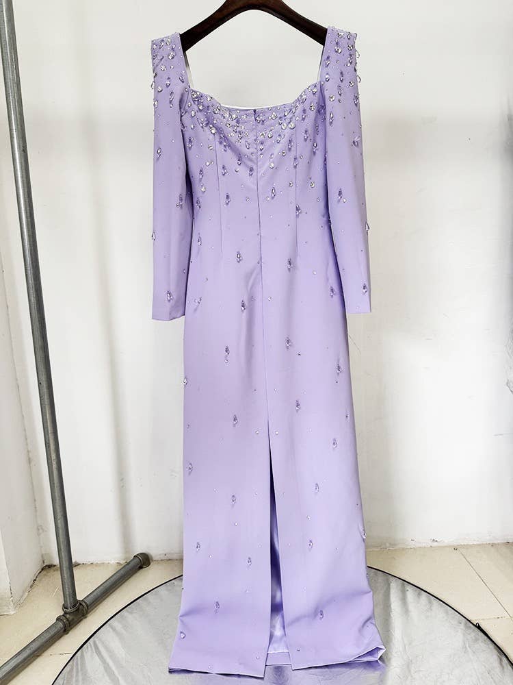 Productseeker – Vestido comprido - Mulher por atacado – Vestido amarelo DR745Y com decote quadrado e diamantes aplicados à mão3