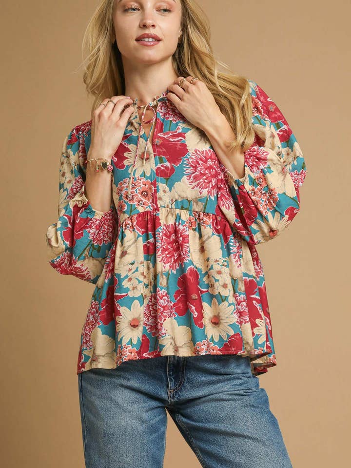 Mixad blommig peplumblus med knytkrage för wholesale av Pink Irene Wholesale