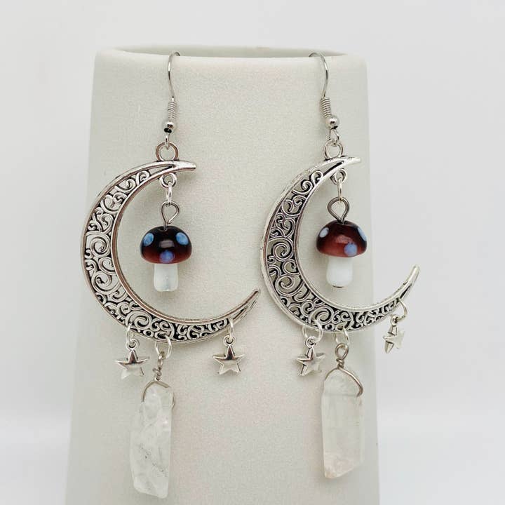 Hollow Moon Mushroom White Crystal Pendant Earrings - MS for wholesale on Faire
