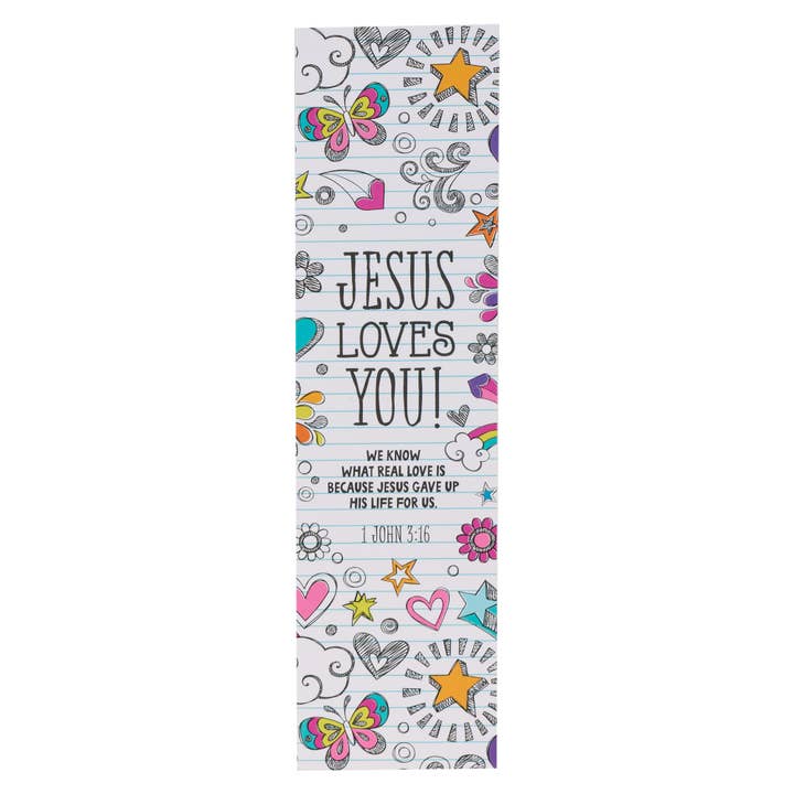 Christian Art Gifts - Wholesale Bookmark - Bookmark Pack Notebook Doodles Jesus Loves You 1 John 3:16