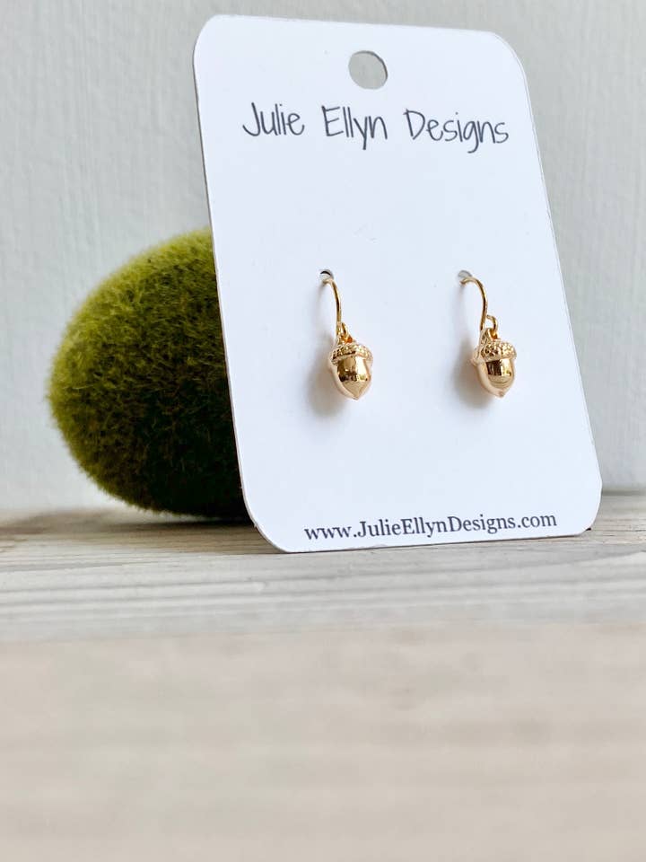 Tiny Gold Acorn Drop Earrings for wholesale by Julie Ellyn Designs