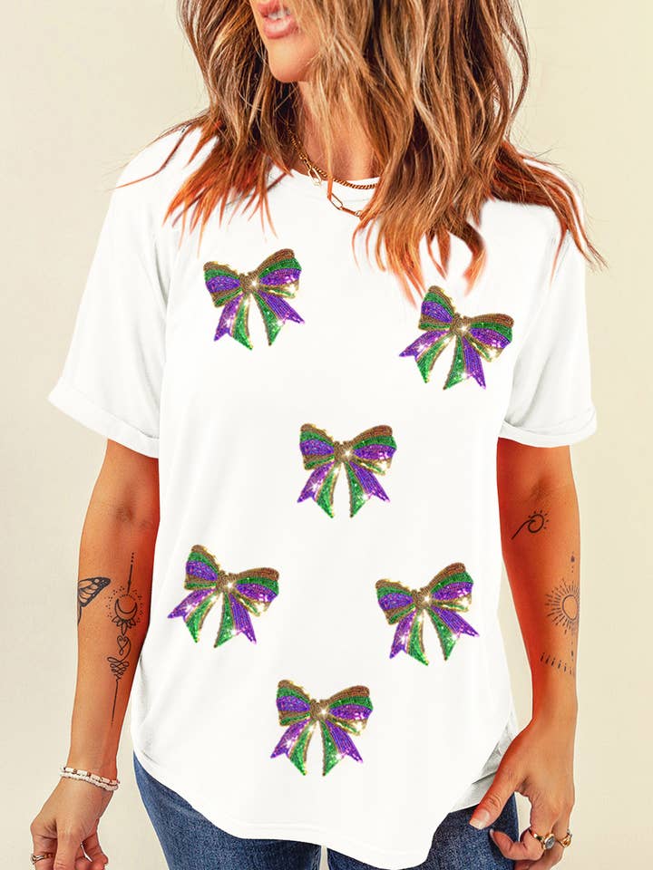 Sequin Mardi Gras Bow Graphic Crewneck Tee for wholesale by LiveFashionWay