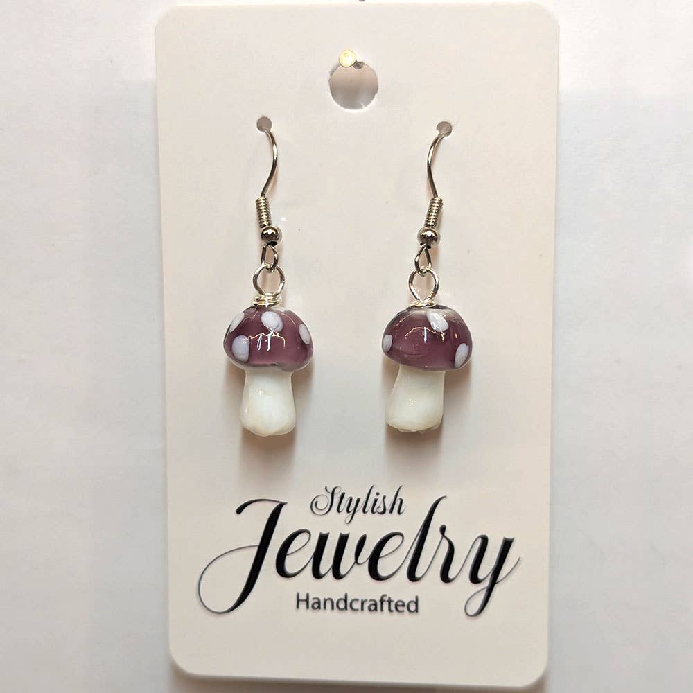 Stylish Jewelry Supply - Wholesale Dangle Earrings - Lampwork Glass Purple Mushroom Silver Earrings0