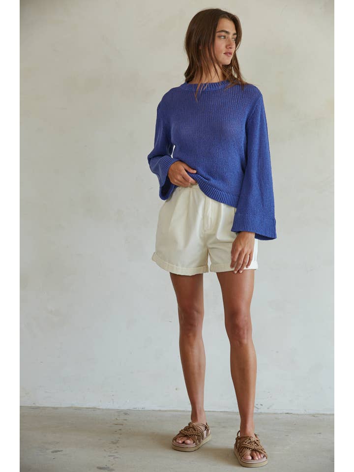 Midnight Blue W1464 | Knit Cotton Crew Neck Long Sleeve Sweater Top for wholesale on Faire