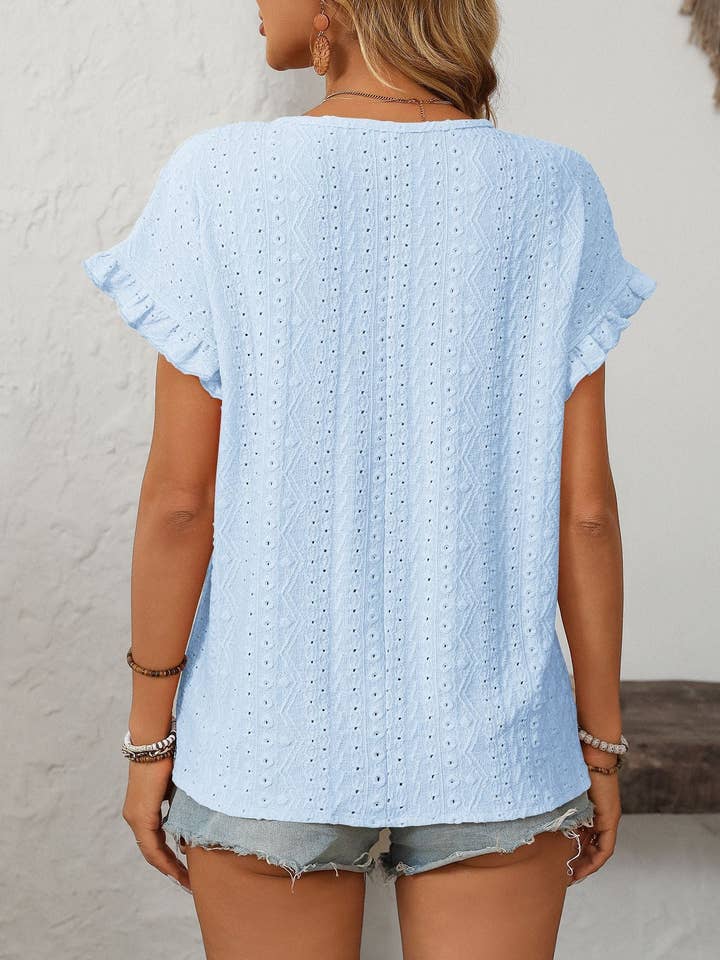 Lovesoft - Wholesale Blouse - Women's - Solid Color Crewneck Sweet Short-Sleeve Hollow-Out Top