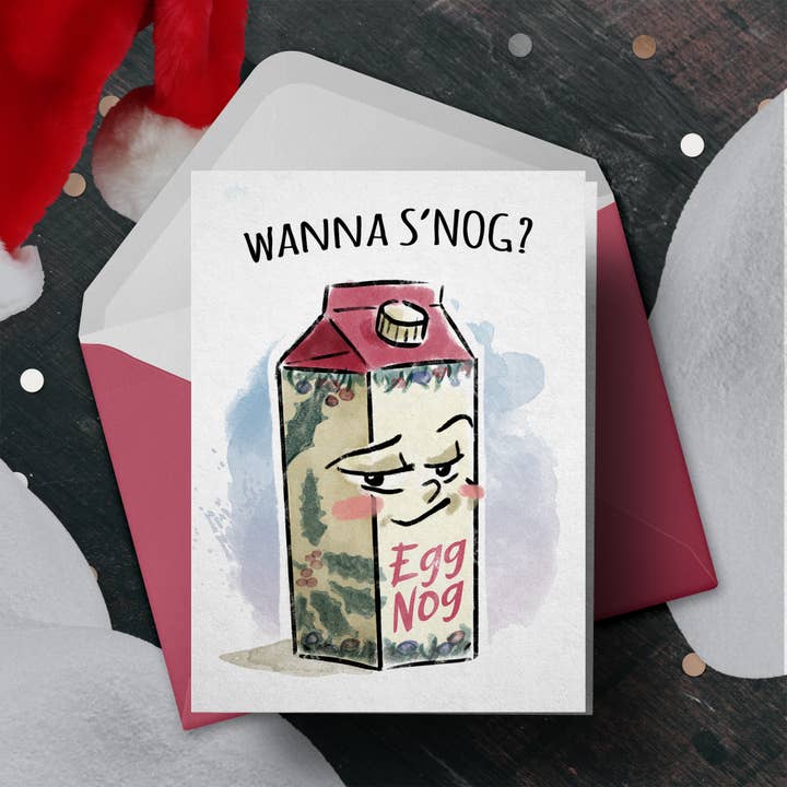 «Wanna S'Nog» - Biglietto di Natale crudo e divertente per partner e marito per la vendita all'ingrosso da parte di Aaron Millard Illustration