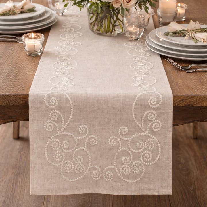 Swirl Embroidered Linen-Polyester Table Runner for wholesale by Fennco Styles