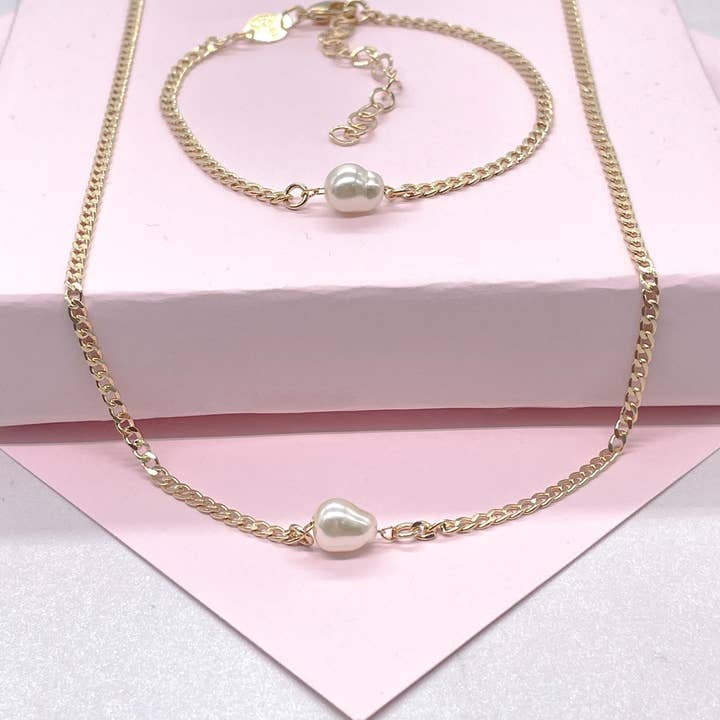 Milie Jewels – wholesale Smycken – 18k guldpläterad kubansk länk kedja, pärlhalsband & armband