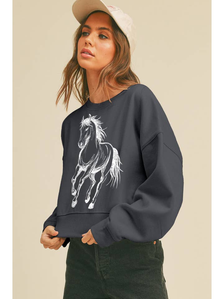 Honestee - Wholesale Graphic Sweatshirt - Women's - Horse Sketch Cropped Long Sleeve Sweatshirt4