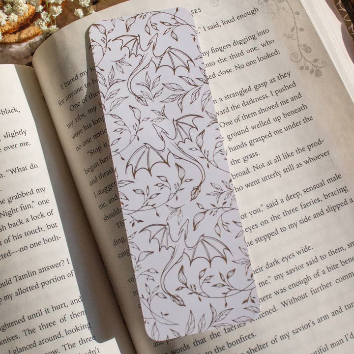 Meaggie Moos - Wholesale Bookmark - Gold Foil and White Floral Dragons Bookmark | Soft Touch