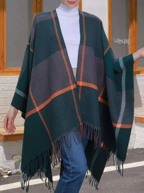 Classic Plaid Tassel Thermal Shawl Ruana for wholesale by Rosa Clothing