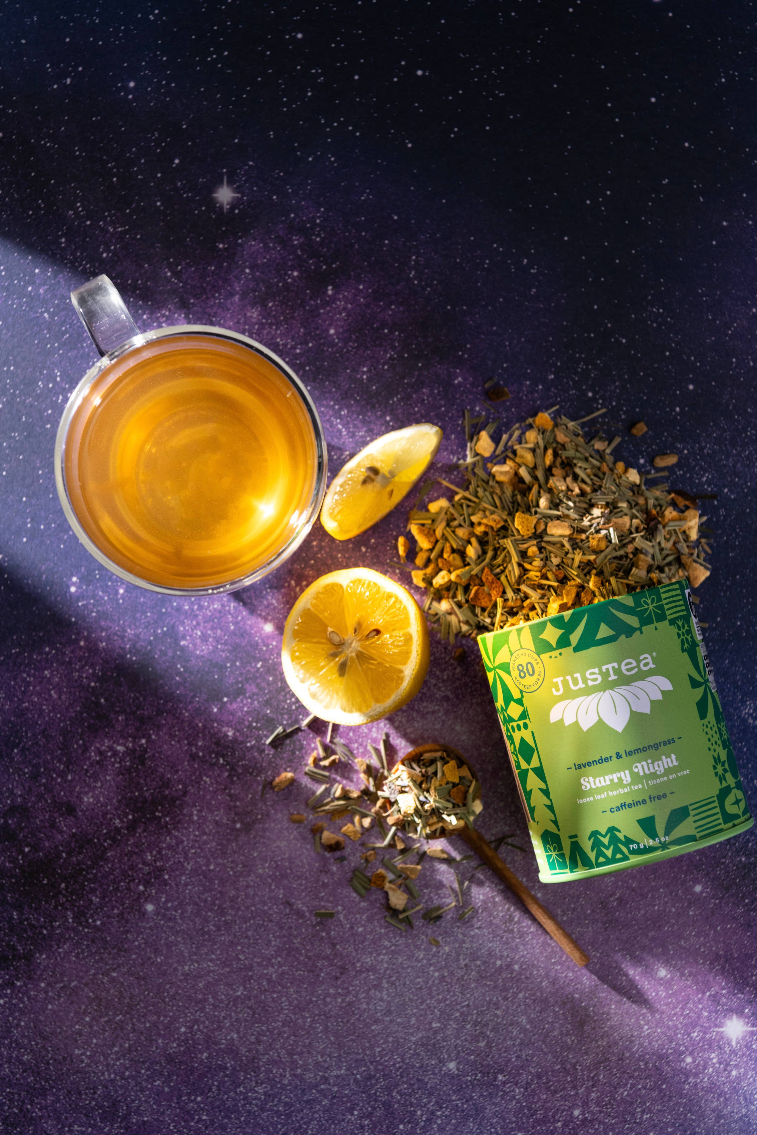 JusTea (No Import Fees to USA) - Wholesale Loose Tea - STARRY NIGHT Tin & Spoon - Organic, Fair-Trade, Herbal Tea5