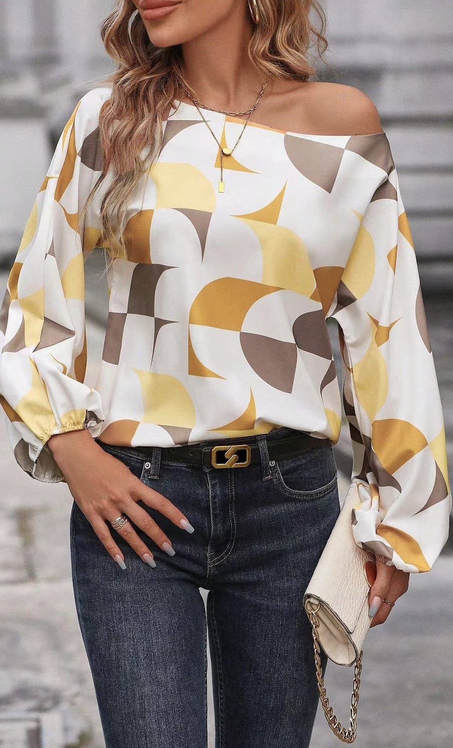Miss Sparkling – Großhandel Bluse – Damen – Oberteil mit Laternenärmeln und geometrischem Druck2