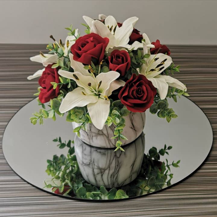 White Asiatic Lily and Red Rose Arrangement for wholesale by Realistic Artificial Flowers