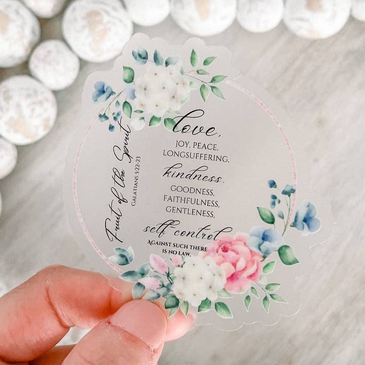 Fruit of the Spirit Floral Clear Vinyl, Sticker, 3x3 in. voor wholesale door Savannah and James Co