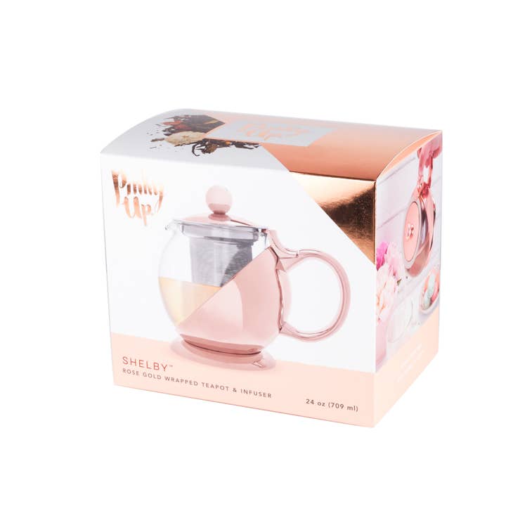 Pinky Up - Wholesale Tea Pot - Shelby™ Glass and Rose Gold Wrapped Teapot with Infuser 24oz1