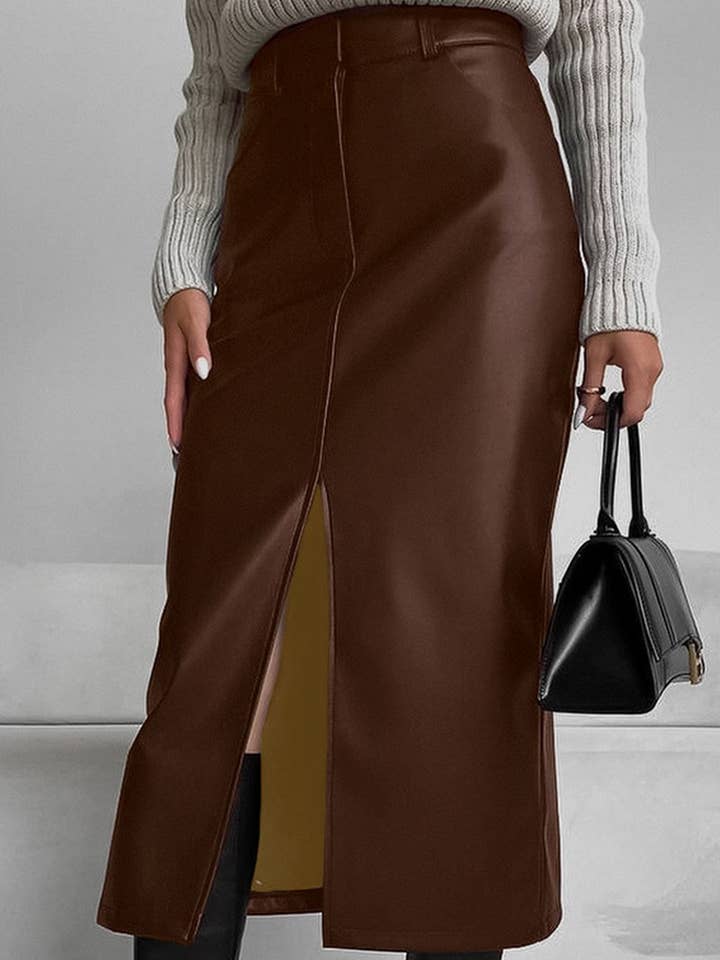 NINEXIS - Wholesale Skirt - Women's - CWBMS0250_VINTAGE PLUS VELVET PU LEATHER SLIT SKIRT3