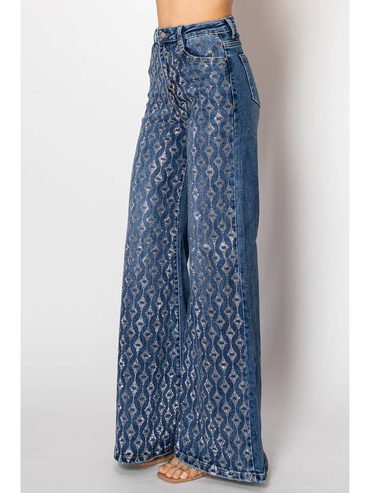 Nina Rossi Jeans - Wholesale Jeans - Women's - D25-4-A - Embellished wide leg medium blue denim jeans