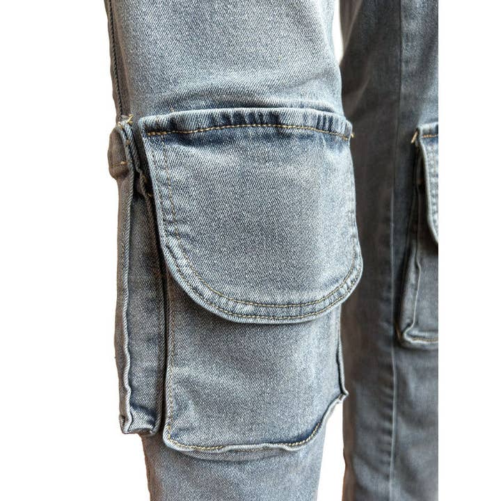 Blue MB FASHION High-Waist Cargo Flare Jeans with Belted Detail 8016LY for wholesale on Faire6