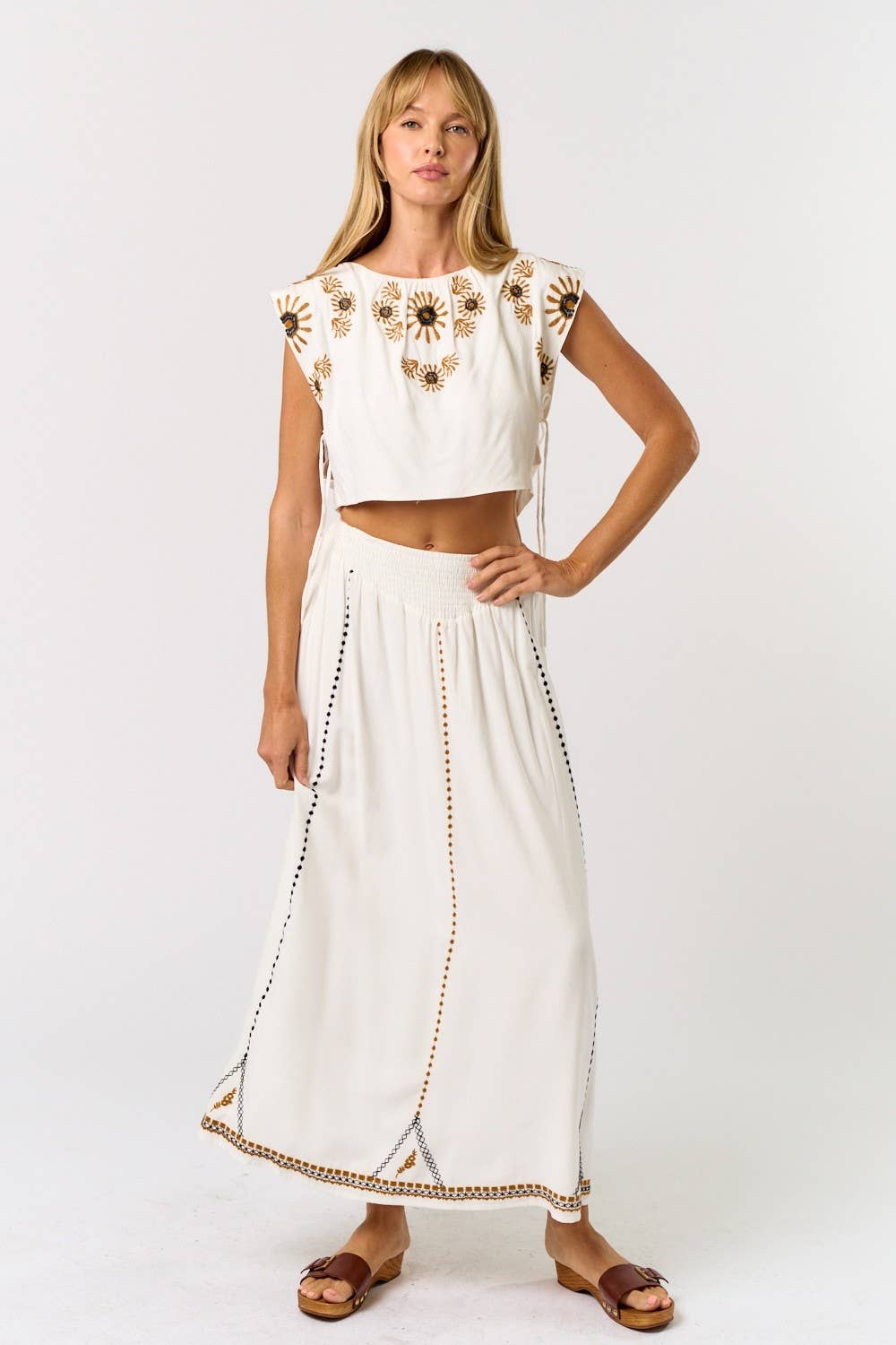 OFF WHITE Boho Embroidered Crop top W/ Matching Maxi Skirt  for wholesale on Faire1
