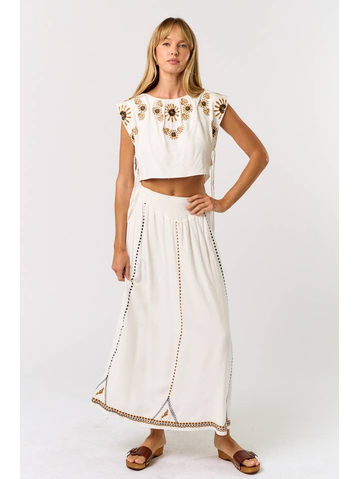 OFF WHITE Boho Embroidered Crop top W/ Matching Maxi Skirt for wholesale on Faire1
