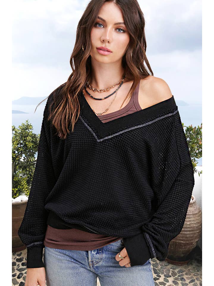 La Miel - Wholesale Knit Top - Women's - JLT7410-Loose Fit V-neck Waffle Textured Long Sleeve Top