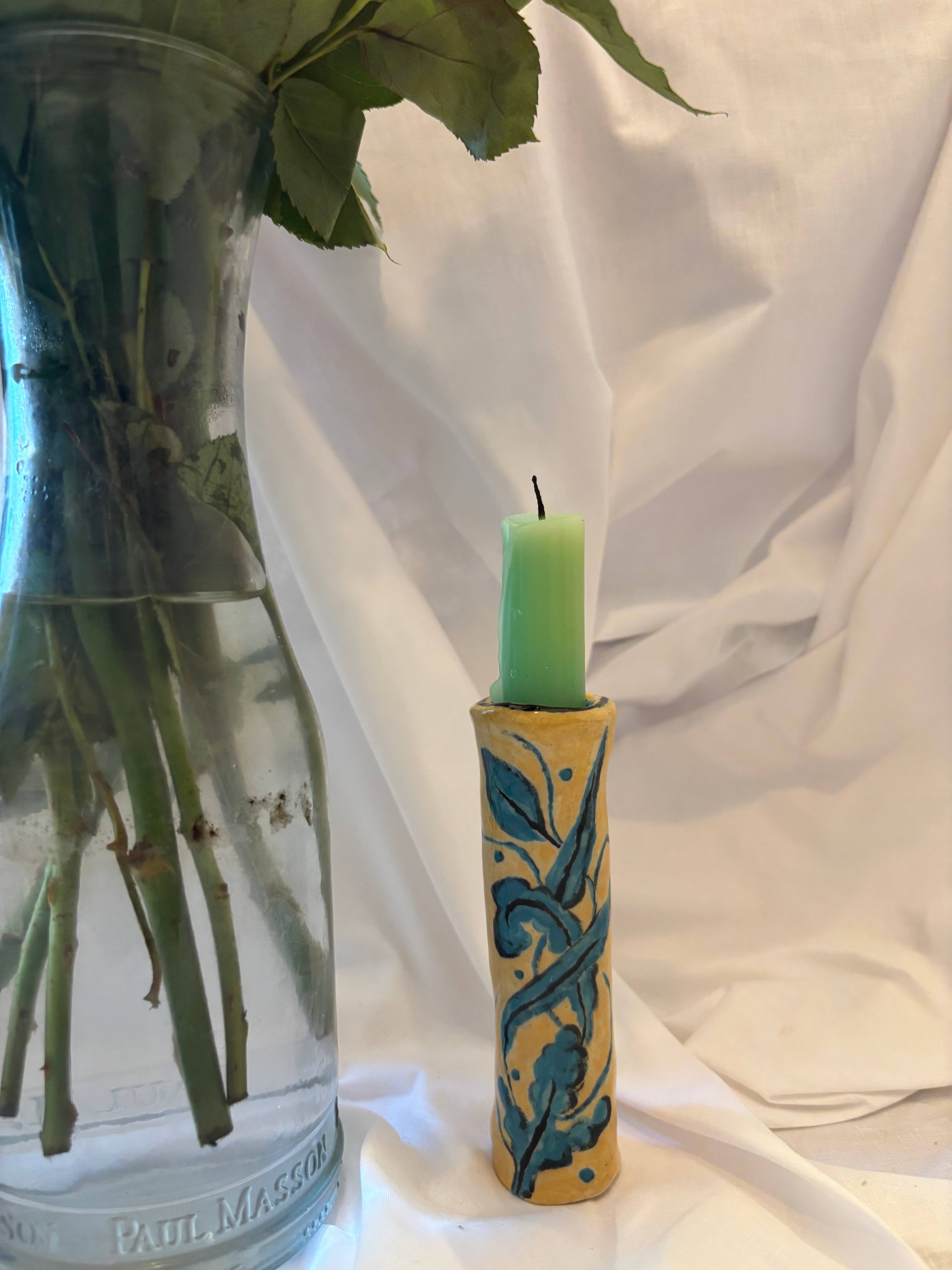 Tomekah George - Wholesale Candle Holder - Blue Flower Candle Holder, Handmade Ceramic , Candlestick 1