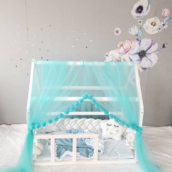 Allbright Kids - Wholesale Bed Canopy - Kids & Baby - Aqua Montessori Tulle Canopy with Pom Poms for Nursery – Crib Canopy