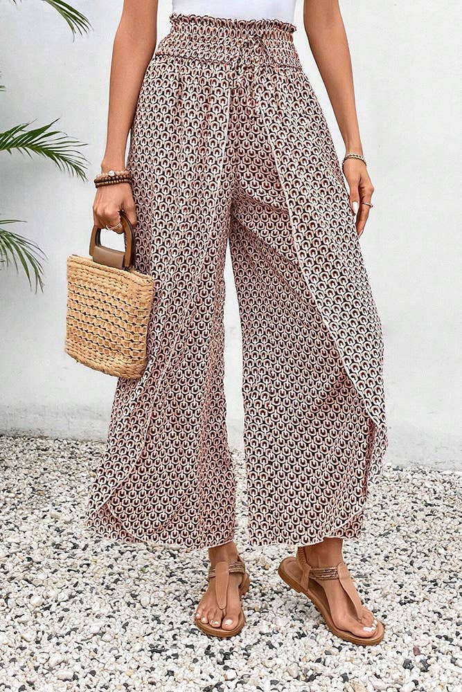 UNISHE - Wholesale Pants - Women's - Printed Split High Waist Wide Leg Pants AXR09910