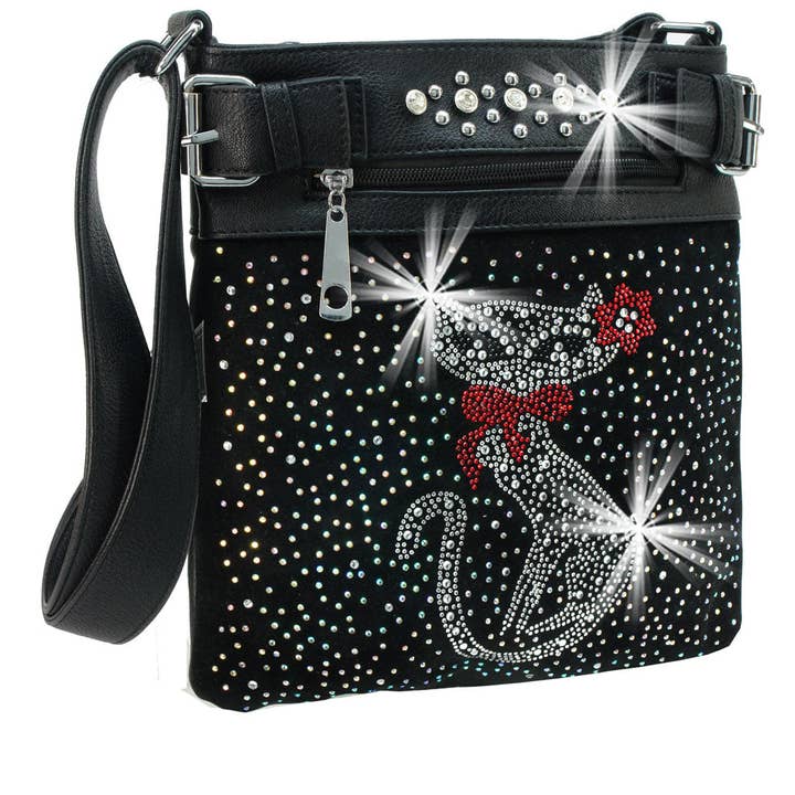 Black Cat Design Rhinestone Crossbody Sling for wholesale on Faire