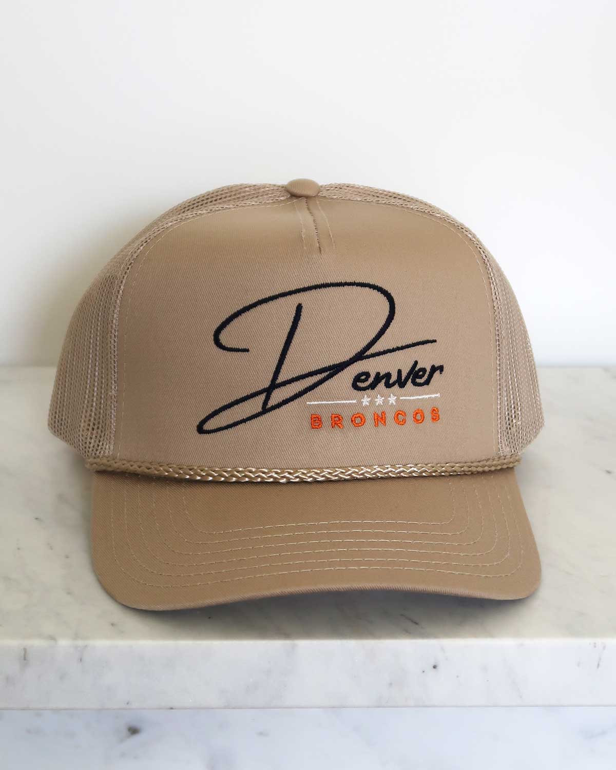 Sundrop - Wholesale Trucker Hat - Unisex - Denver Broncos Trucker Hat - Khaki Embroidered Vintage Vibes