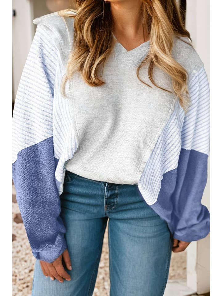 Light Grey LDC Oversized Striped Colorblock Dolman Sleeve Collared Top for wholesale on Faire