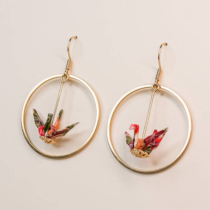 Kamyi.Art Origami Designs - Wholesale Dangle Earrings - Small Crane and Hoop Earrings in Gold