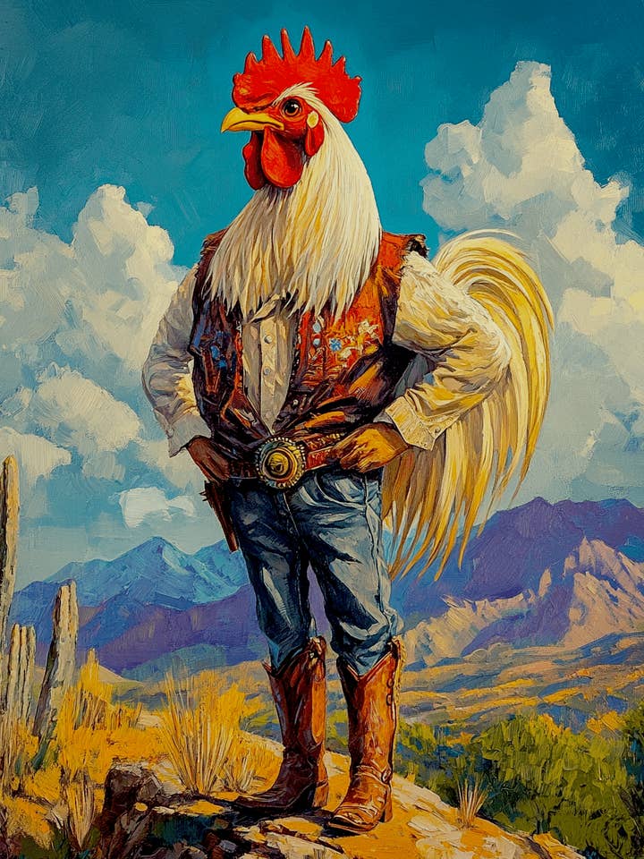 Cowboy Kylling Fyr - Antropomorfisk Vægkunsttryk – 8″x10″ Kunstværk til 11″x14″ Ramme for engroshandel hos Mowbi