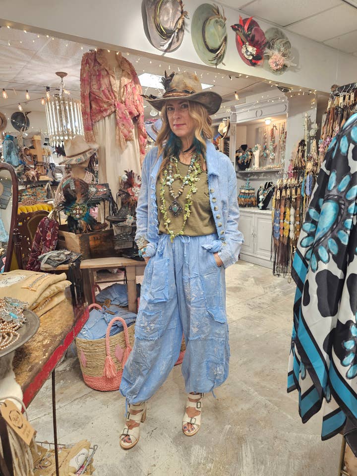 A Rare Bird Shop - Wholesale Pants - Women's - Blue Cross Stitch Genie Pant
