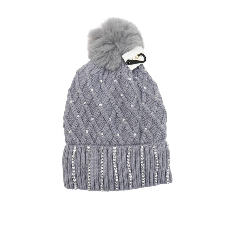 ASSORTED Pom Pom Knitted Beanie With Rhinestone HA4727-8 (12PC) for wholesale on Faire10