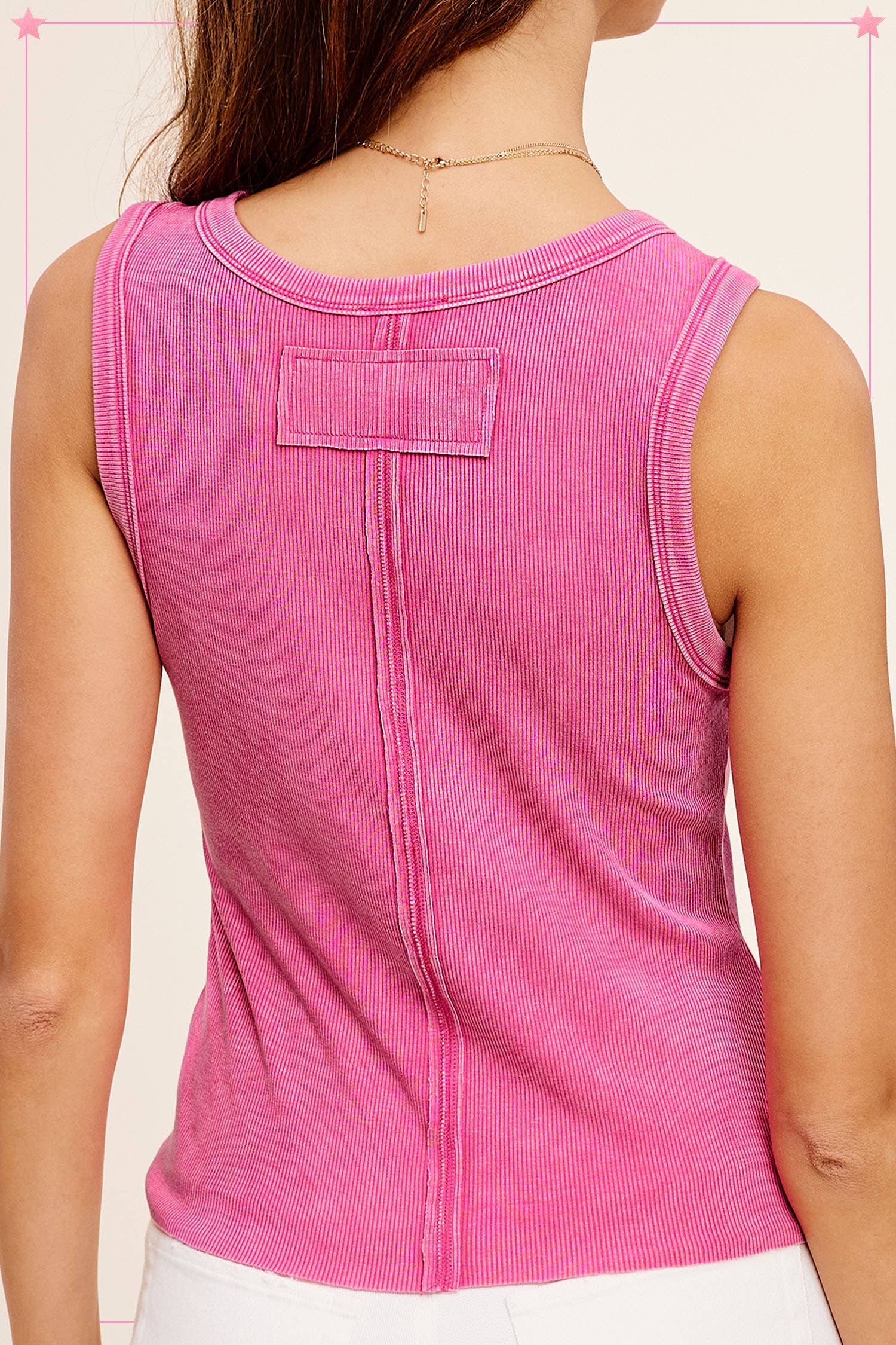 La Miel – wholesale Tank top – Women′s – HCT7694-Mineral Washed Back Patch Detail Breathable Tank Top11