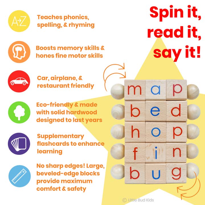 Little Bud Kids - Wholesale Learning Cards - Kids & Baby - Spin-and-Read Montessori Phonetic Reading Blocks & CVC Cards
