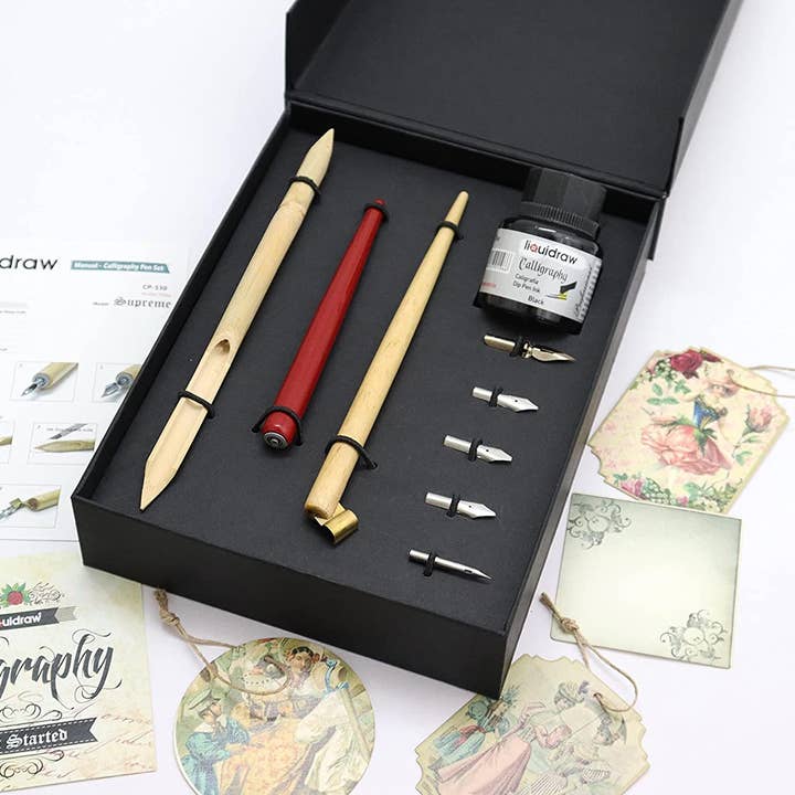 Liquidraw - Vendita all'ingrosso Kit per lavoretti fai da te - Set di Calligrafia Araba Liquidraw con Pennini per Penna a Immersione, Portapenne, Penne di Bambù, Penna di Legno con Inchiostro Nero per Calligrafia, per Mancini, Artisti, Principianti, Adulti e Bambini